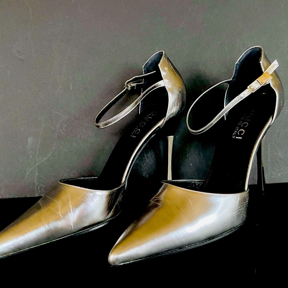 Gucci silver leather heels  ankle straps 37.5 - Picture 3 of 16